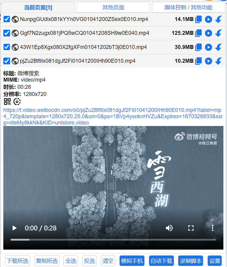 猫抓插件 popup 资源列表面板，显示当前页面嗅探到的视频、音频资源及文件大小